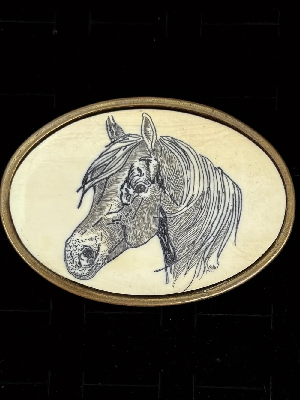 Vintage Solid Brass Western Horse Portrait Plaque in Cream Belt Buckle